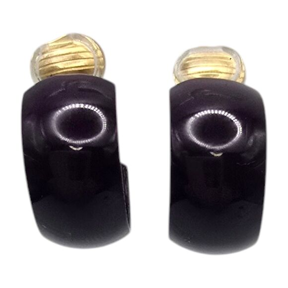 Hoop Earrings Clip On Retro Dark Purple Plumb Small Chunky Clip On Gold Tone - Picture 1 of 6